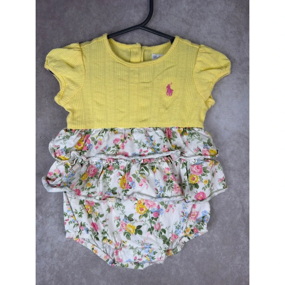 Ralph Lauren Romper Girls 3M Yellow Floral Ruffle Pointelle Knit One Piece